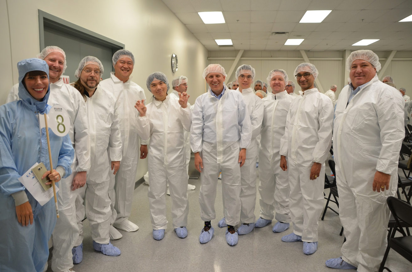 Clean room suits at factory, ready for tour